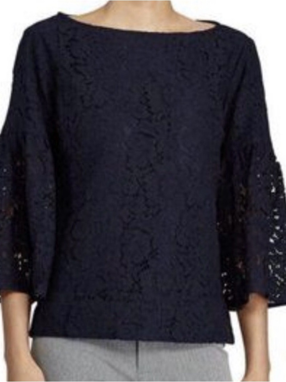 Lauren Ralph Lauren Navy Floral Lace Lined Bell-Sleeve Blouse Size Petite Medium